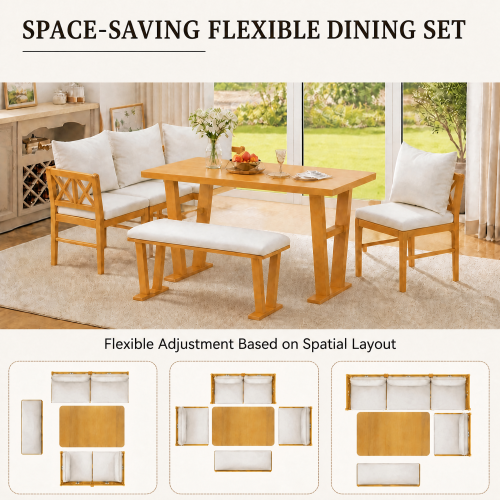 Comedor Madera Maciza 6 Puestos - 4 Sillas Tapizadas y Un Banco Blanco 48 - 004