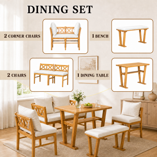 Comedor Madera Maciza 6 Puestos - 4 Sillas Tapizadas y Un Banco Blanco 48 - 004