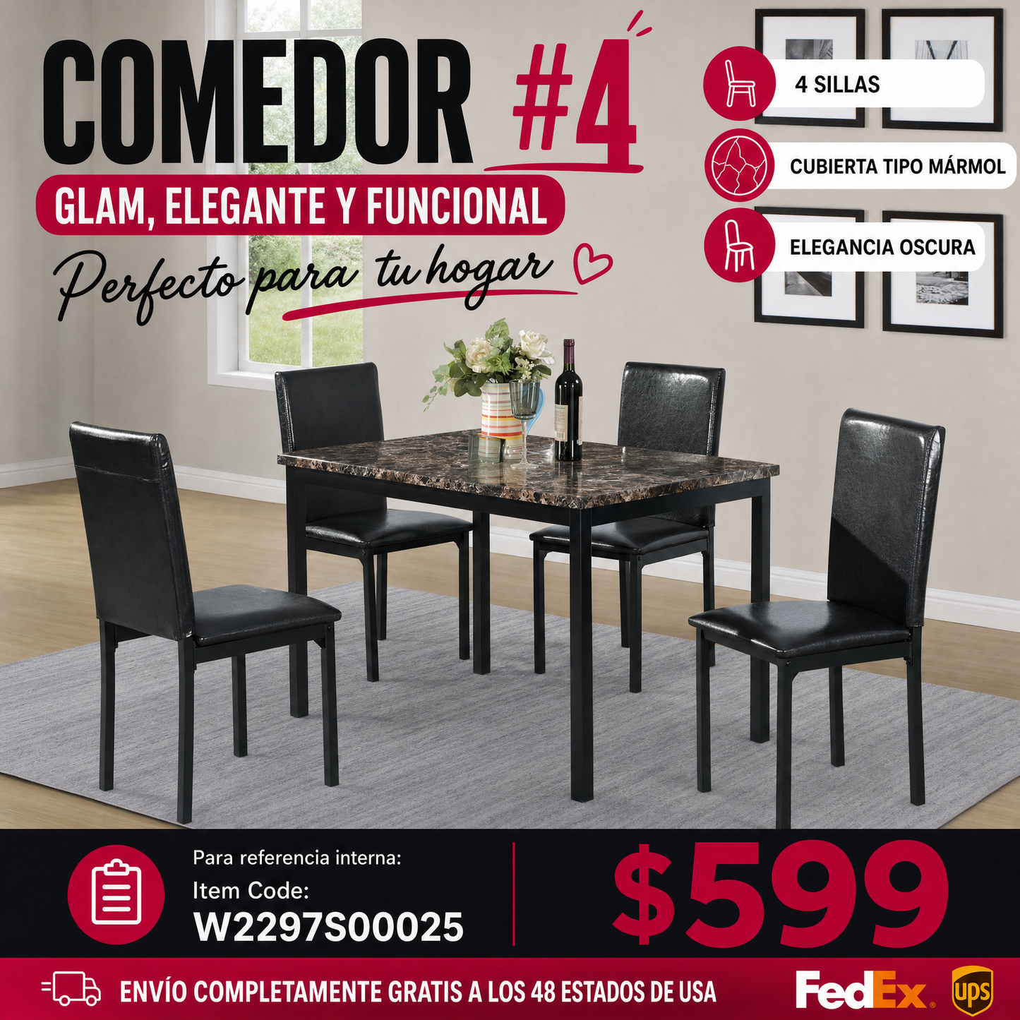 COMEDOR #4-Furniture 5 Piece Metal Dinette Set with Faux Marble Top - Black,dinning set,table&4 chairs