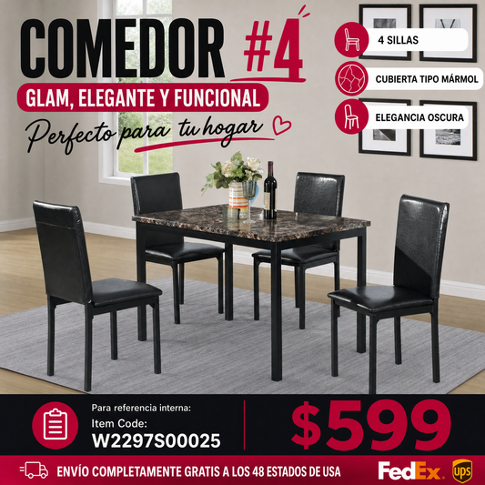 COMEDOR #4-Furniture 5 Piece Metal Dinette Set with Faux Marble Top - Black,dinning set,table&4 chairs