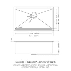 Workstation Kitchen Sink 30" X 18" X 10" Single Bowl Undermount 16 Gauge - Gunmetal Black