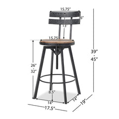 Rustic Metal Barstool With Wooden Seat - Black Brush Silver