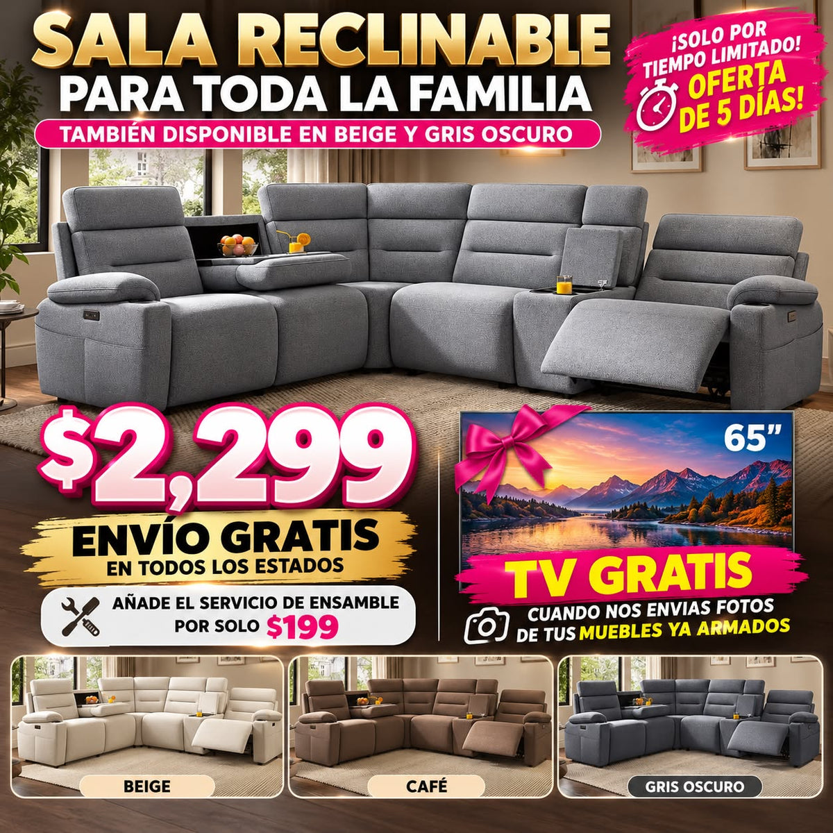 Sala reclinable con TV de regalo