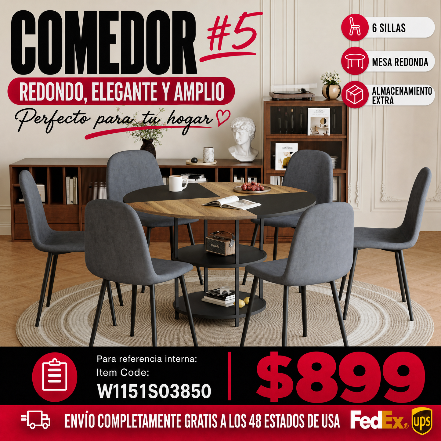 Comedor Circular Moderna 6 Puestos - Madera, Metal y Tapizado Lino Gris 48 - 005