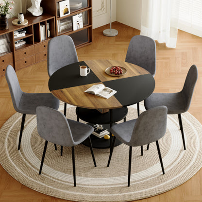 Comedor Circular Moderna 6 Puestos - Madera, Metal y Tapizado Lino Gris 48 - 005