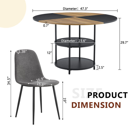 Comedor Circular Moderna 6 Puestos - Madera, Metal y Tapizado Lino Gris 48 - 005