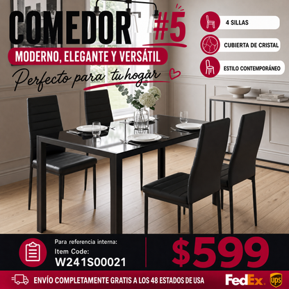 COMEDOR #5-5 Pieces Dining Table Set for 4,Kitchen Room Tempered Glass Dining Table ,4 Faux Leather Chairs ,Black
