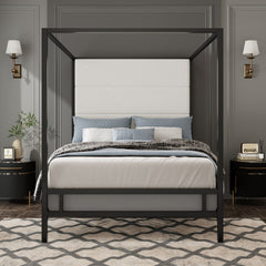 Modern Canopy Bed With Tall Upholstered Headboard
