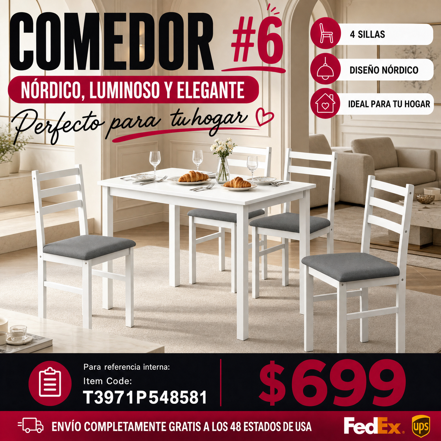 COMEDOR #6-Compact 5-Piece Dining Set,Modern Dining Table Set,Stylish Kitchen Table and Chair 4pcs Chair,1pcs Table)