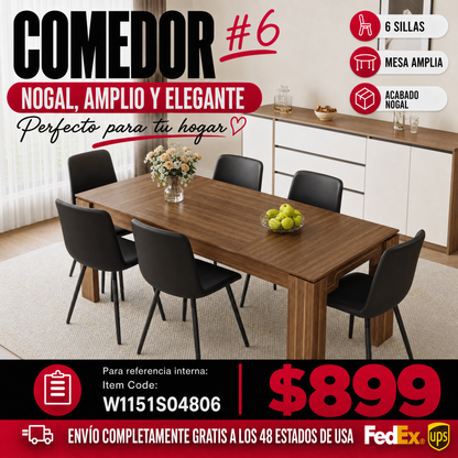 Comedor Rectangular 6 Puestos - Madera de Nogal y Poliuretano Sintético Negro 48 - 006
