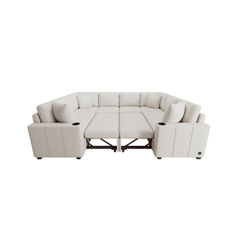 Modern U-Shaped Sectional Sofa Convertible Pull-Out Sofa Bed With USB Ports And Cup Holders