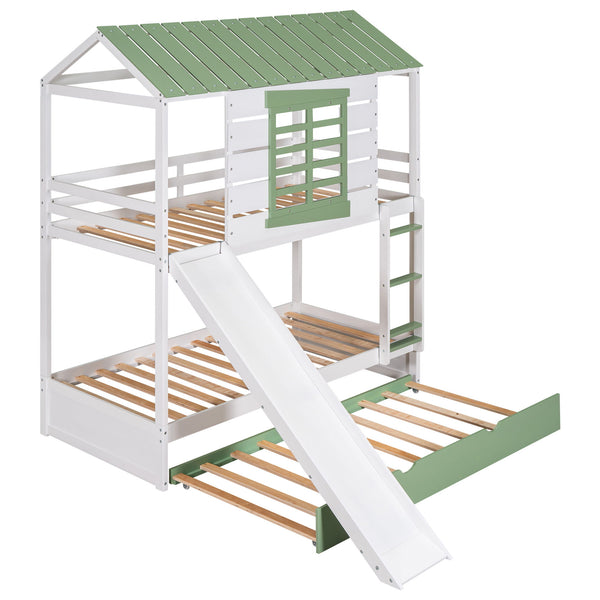 Twin Over Twin House Bunk Bed With Convertible Slide And Trundle - White