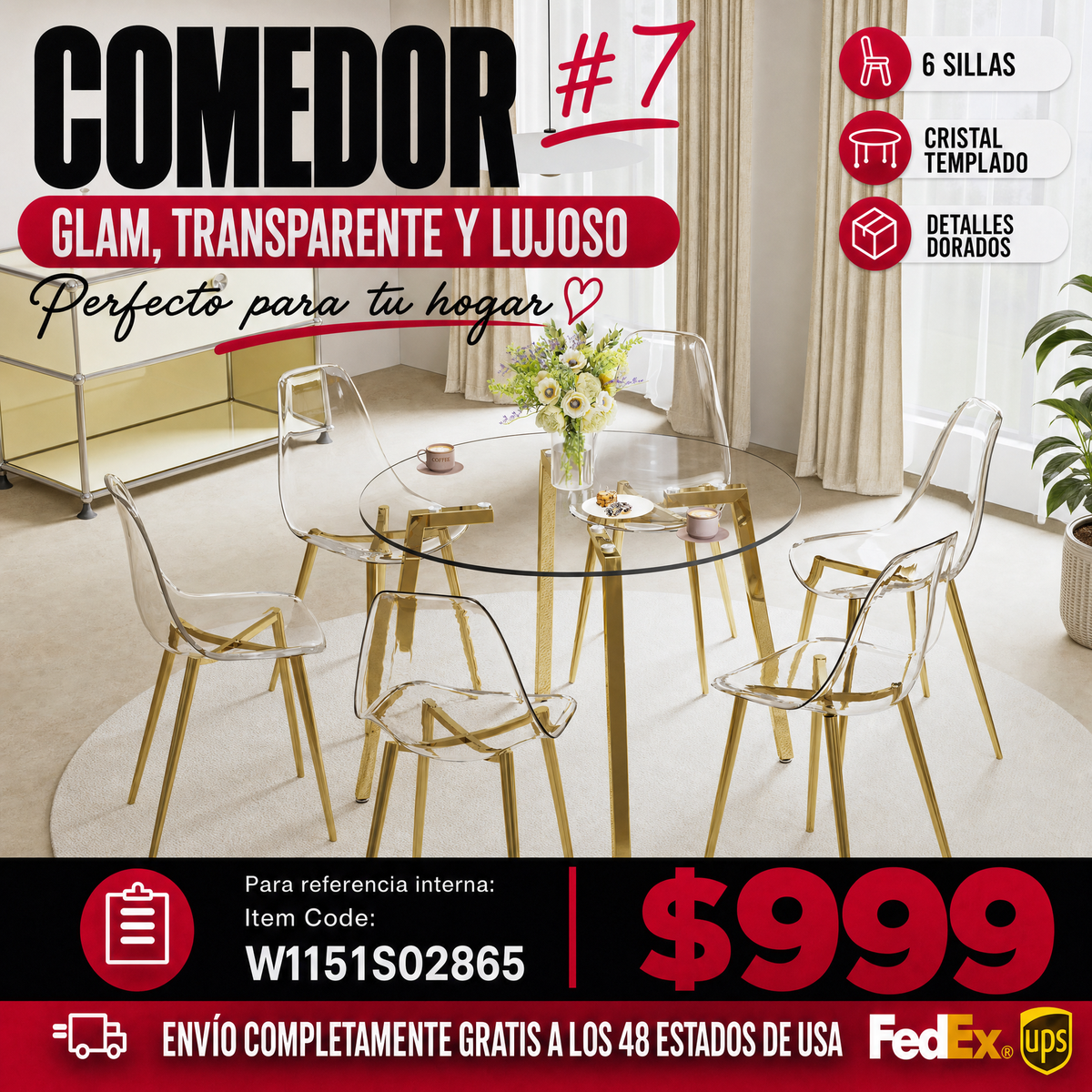 Comedor Circular Moderno 6 Puestos - Cristal Templado Transparente y Dorado 48 - 007