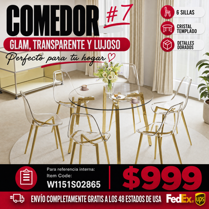 Comedor Circular Moderno 6 Puestos - Cristal Templado Transparente y Dorado 48 - 007