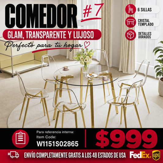 Comedor Circular Moderno 6 Puestos - Cristal Templado Transparente y Dorado 48 - 007