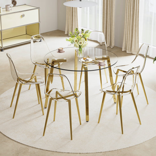 Comedor Circular Moderno 6 Puestos - Cristal Templado Transparente y Dorado 48 - 007