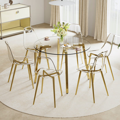 Comedor Circular Moderno 6 Puestos - Cristal Templado Transparente y Dorado 48 - 007
