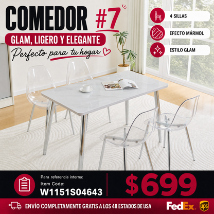 COMEDOR #7-Table and 4 chair set.White imitation marble texture glass countertop + lower MDF board, silver metal tapered legs.Paired with 4 Transparent Plastic Chairs with Silver Metal Legs.