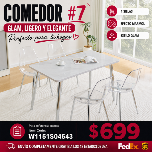COMEDOR #7-Table and 4 chair set.White imitation marble texture glass countertop + lower MDF board, silver metal tapered legs.Paired with 4 Transparent Plastic Chairs with Silver Metal Legs.