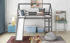 Twin Size House Loft Bed With Slide - Gray