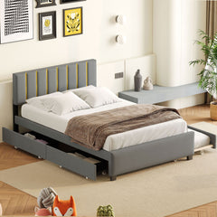 Upholstered Platform Bed With 2 Drawers And 1 Trundle, Classic Strip Headboard Design