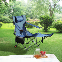 Outdoor Camping Chairs Folding Portable Adjustable Reclining Chair With Side Pockets & Cup Holder - Dark Blue
