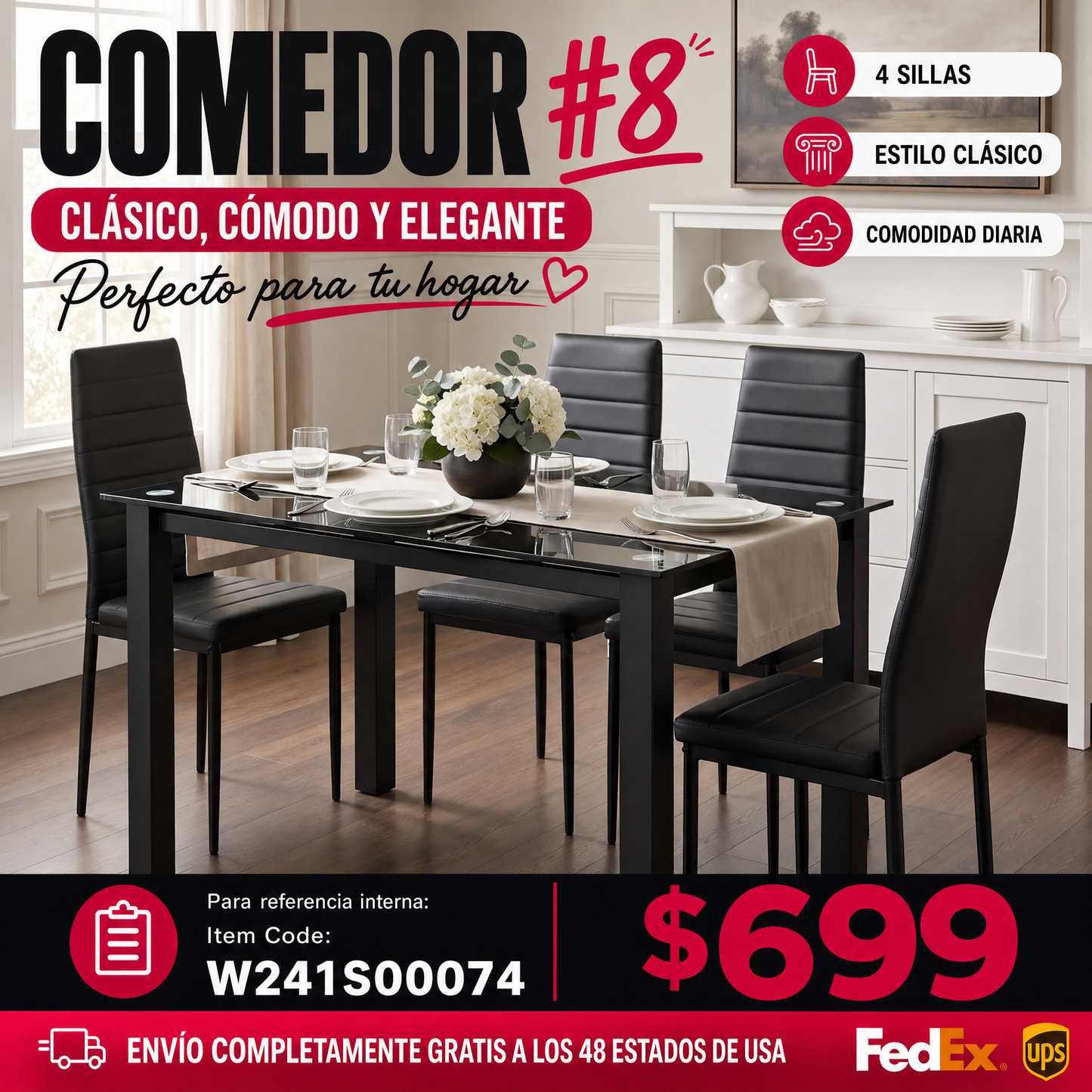 COMEDOR #8-52"Tempered Glass Dining Table Set for 4,1 Table 4 Chairs with PU Leather Upholstered Seating, Easy-to-Clean Scratch-Resistant Glass Top, Sturdy Metal Frame Kitchen Table Combo