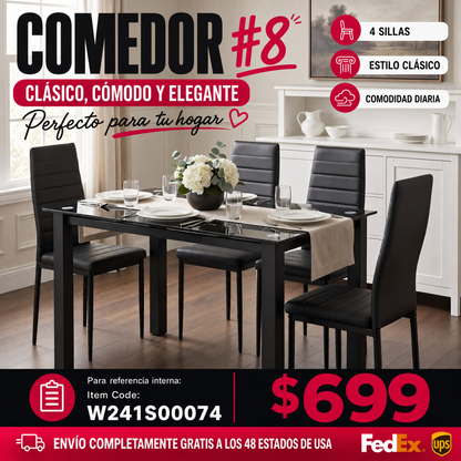 COMEDOR #8-52"Tempered Glass Dining Table Set for 4,1 Table 4 Chairs with PU Leather Upholstered Seating, Easy-to-Clean Scratch-Resistant Glass Top, Sturdy Metal Frame Kitchen Table Combo