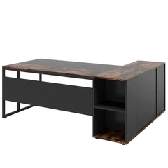 L-Shaped Executive Desk With Storage Cabinet & Shelves, Home Office Workstation With Cpu Stand And Printer Station - Brown / Black