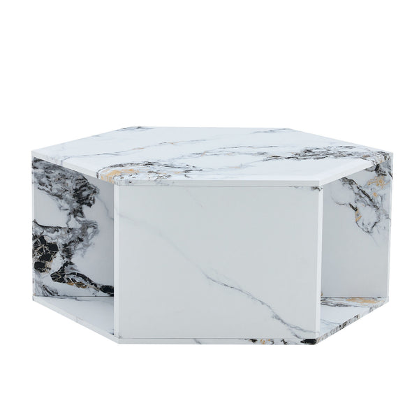 Hexagonal Coffee Table With Characteristic Pattern Stickers And Multi-Hole Design For Extra Storage
