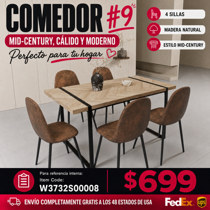 COMEDOR #9-59" MDF light wood dining table and modern dining chair set of 4 pieces, medieval wooden kitchen dining table set, black rectangular metal base, dining table and suede chair set