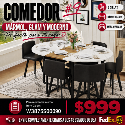 Comedor Ovalado 6 Puestos - Madera, Mármol Blanco y Cuero Sintético 48 - 009