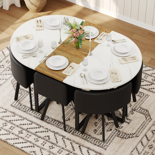 Comedor Ovalado 6 Puestos - Madera, Mármol Blanco y Cuero Sintético 48 - 009