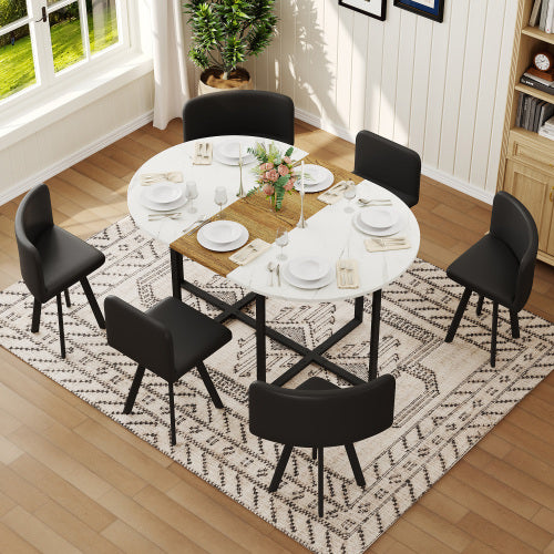 Comedor Ovalado 6 Puestos - Madera, Mármol Blanco y Cuero Sintético 48 - 009