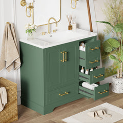 Traditional Bathroom Vanity With Resin Sink Combo Set, Bathroom Cabinet With Two Doors And Four Drawers