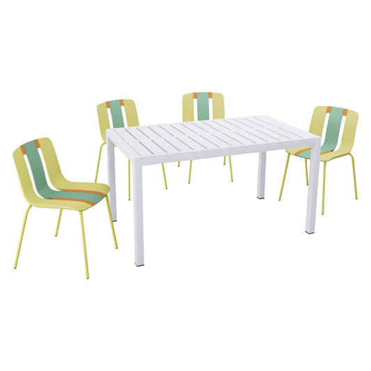4 Piece Set Of Striped Color Blocking Single Chairs & Long Table - Grain Yellow / Haze Green / Tropical Orange / White