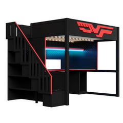 Full Gaming Loft Bed With Desk And Storage Staircase, LED Lights And USB - Red / Black