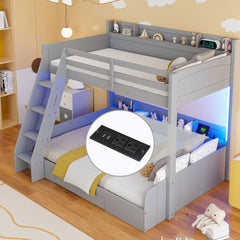 Bunk Bed With Storage Shelves, LED Lighting, Charging Station And Drawer