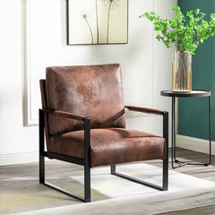 Classic Mid Century Modern Accent Chair With Durable Square Metal Frame, Armchair For Living Room, Bedroom, Home Office Spotted Microfiber Upholstery - Brown