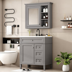 Bathroom Vanity With Top Sink, 2 Doors And 3 Drawers, Freestanding Set With Mirror Cabinet