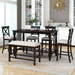 6 Piece Counter Height Dining Table Set With Shelf, 4 Chairs And Bench