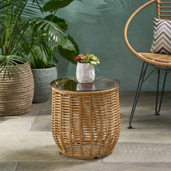 Boho Arias - Side Table With Tempered Glass Top And Rattan Wrap