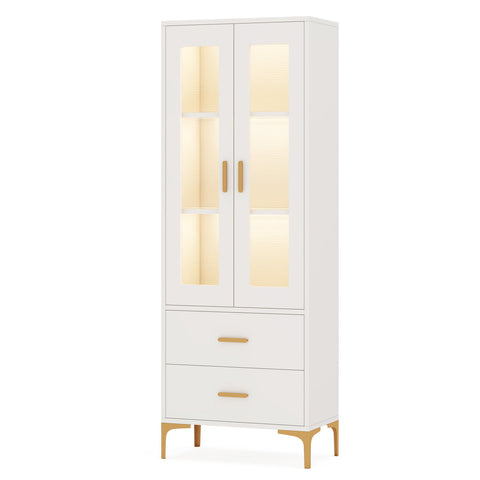 Bookcase With Doors, Drawers & RGB LED Light Tall Storage Cabinet For Living Room - White