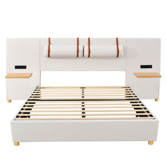 Upholstered Platform Bed, 2 Outlets And USB Charging Ports On Both Sides, 2 Bedside Pillows, Storage Shelves