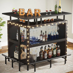 L Shaped Home Mini Bar Table With 2 Tier Shelves & Glass Racks - Black