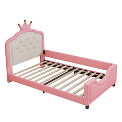 Twin Size Cute Princess Upholstered Daybed Low To The Ground Design With Button Tufted Crown Headboard For Kids - Pink