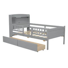 Platform Bed With LED Light, Multi Functional Headboard, Guardrail And 2 Drawers