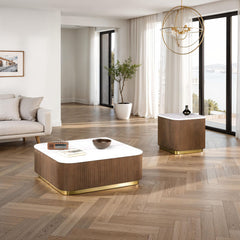 3 Piece Table Set, Square Cocktail Table & 2 Square End Tables - Brown / Gold / White