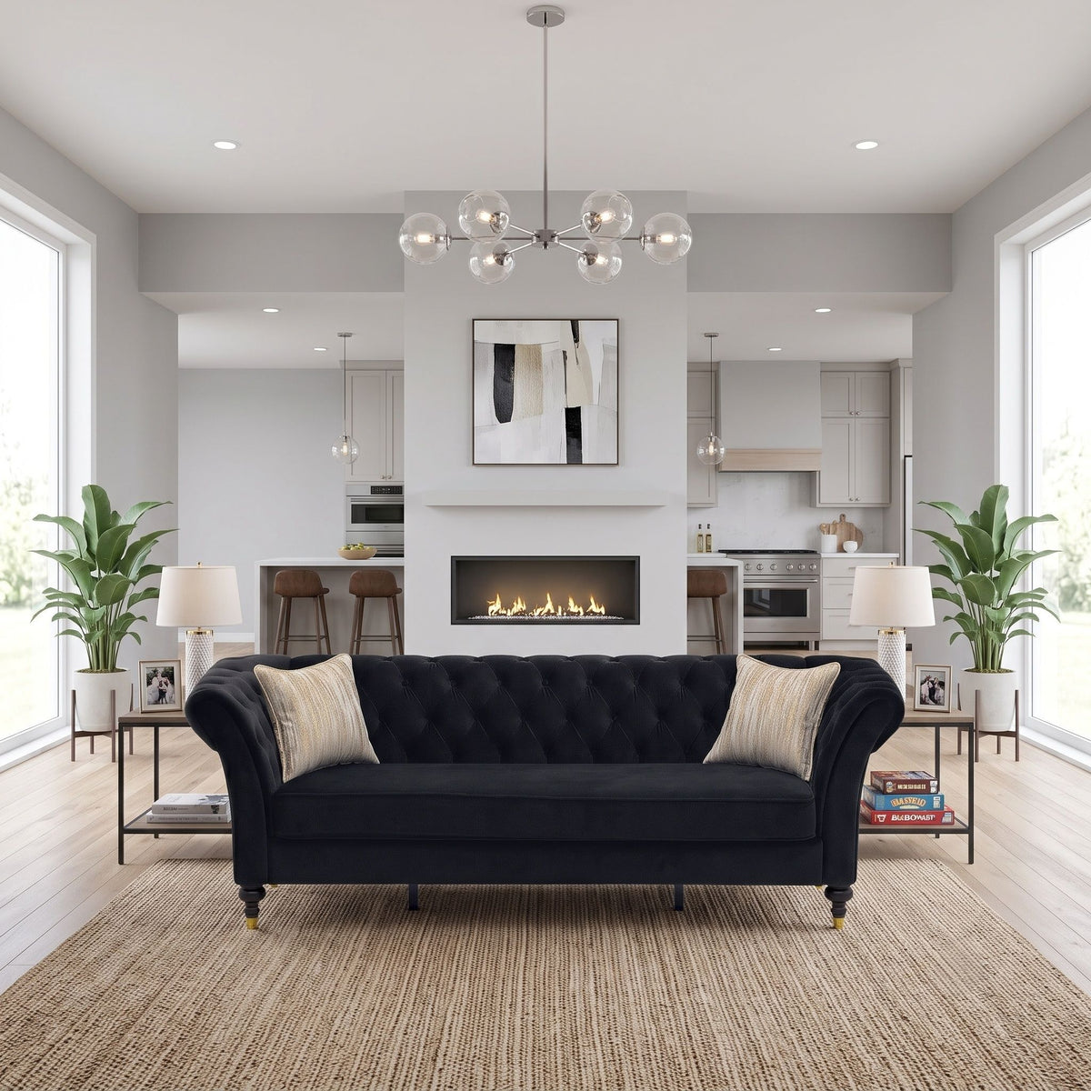 3 Seater Button Tufted Sofa With Rolled Arms, Living Room Couch With 2 Pillows - Black