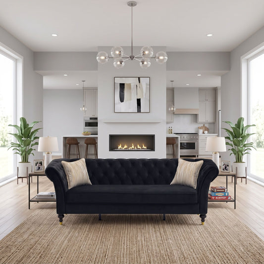 3 Seater Button Tufted Sofa With Rolled Arms, Living Room Couch With 2 Pillows - Black